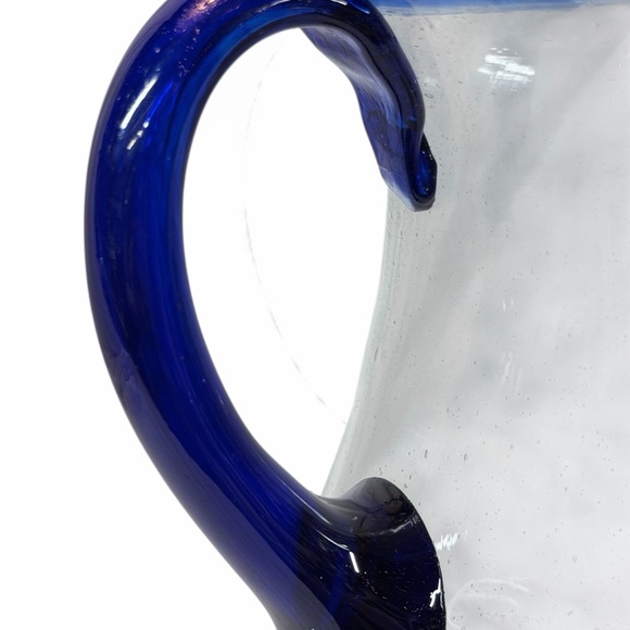 Hand Blown Art Glass Pitcher Cobalt Blue Rim Studio Glass Decor Collectible Vase - Picture 5 of 16